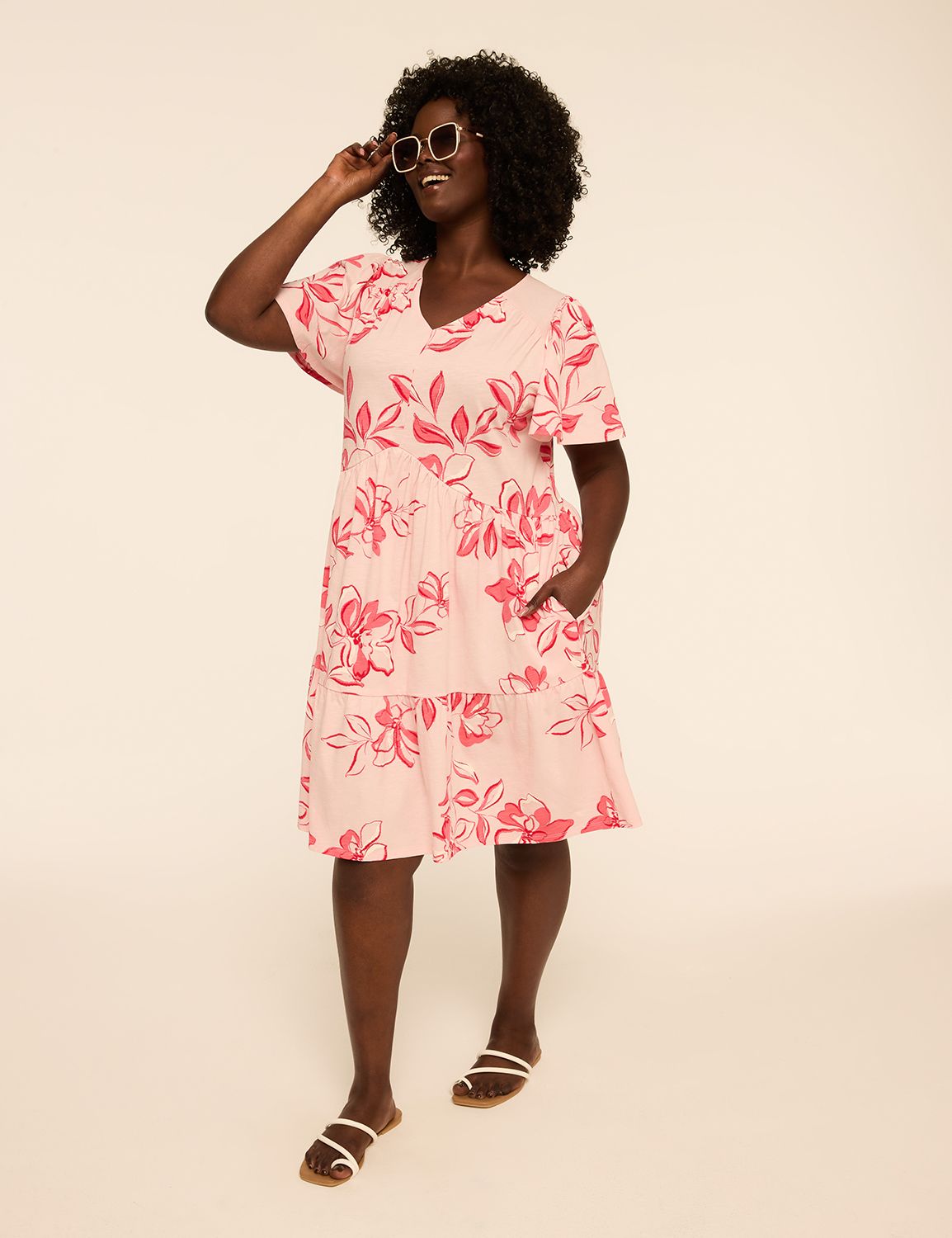 Flutter-Sleeve Tiered Swing Dress