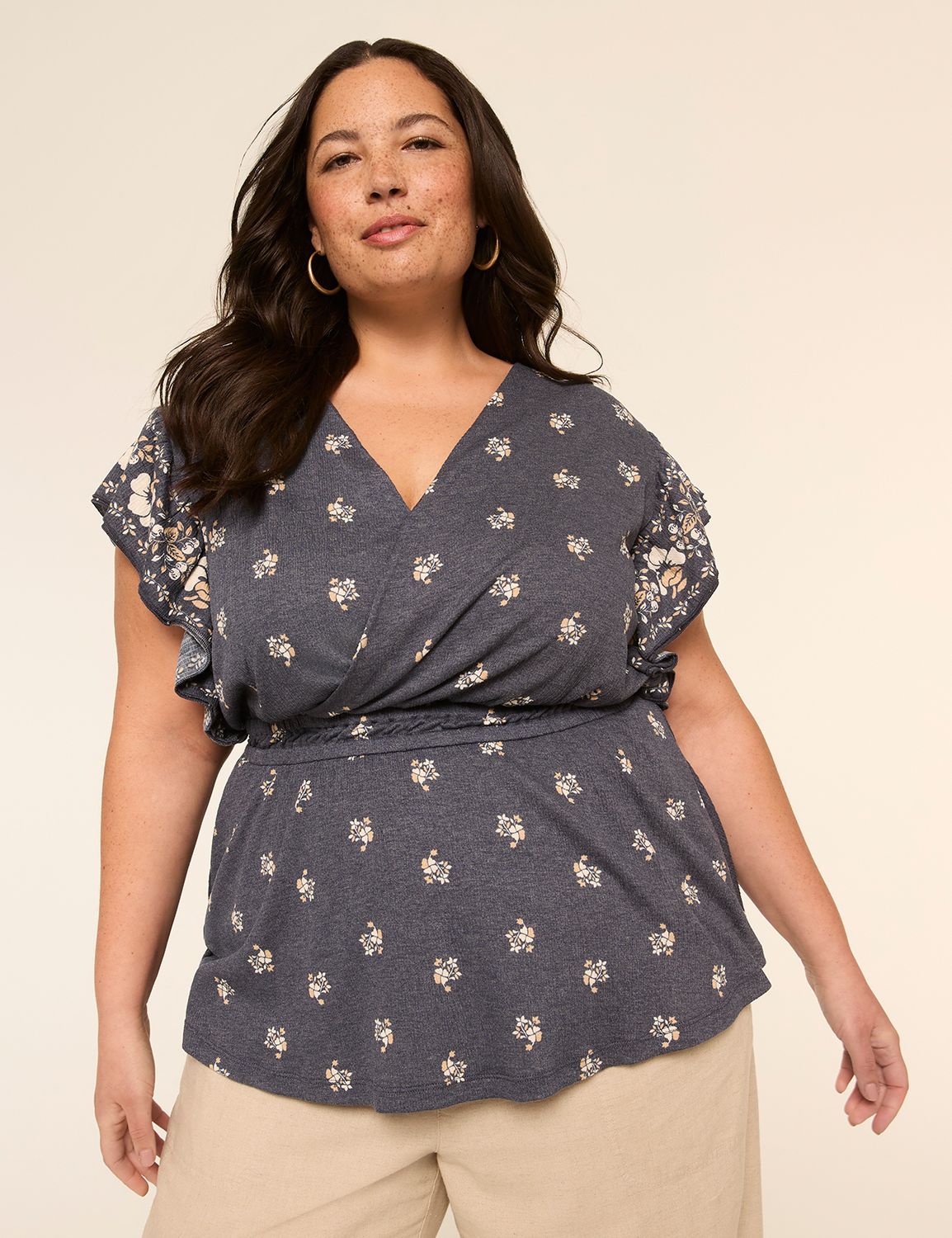 Double Flutter-Sleeve Faux-Wrap Peplum Top