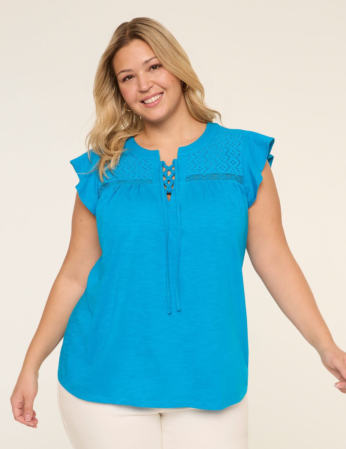 Flutter-Sleeve Lace-Up Eyelet-Yoke Top