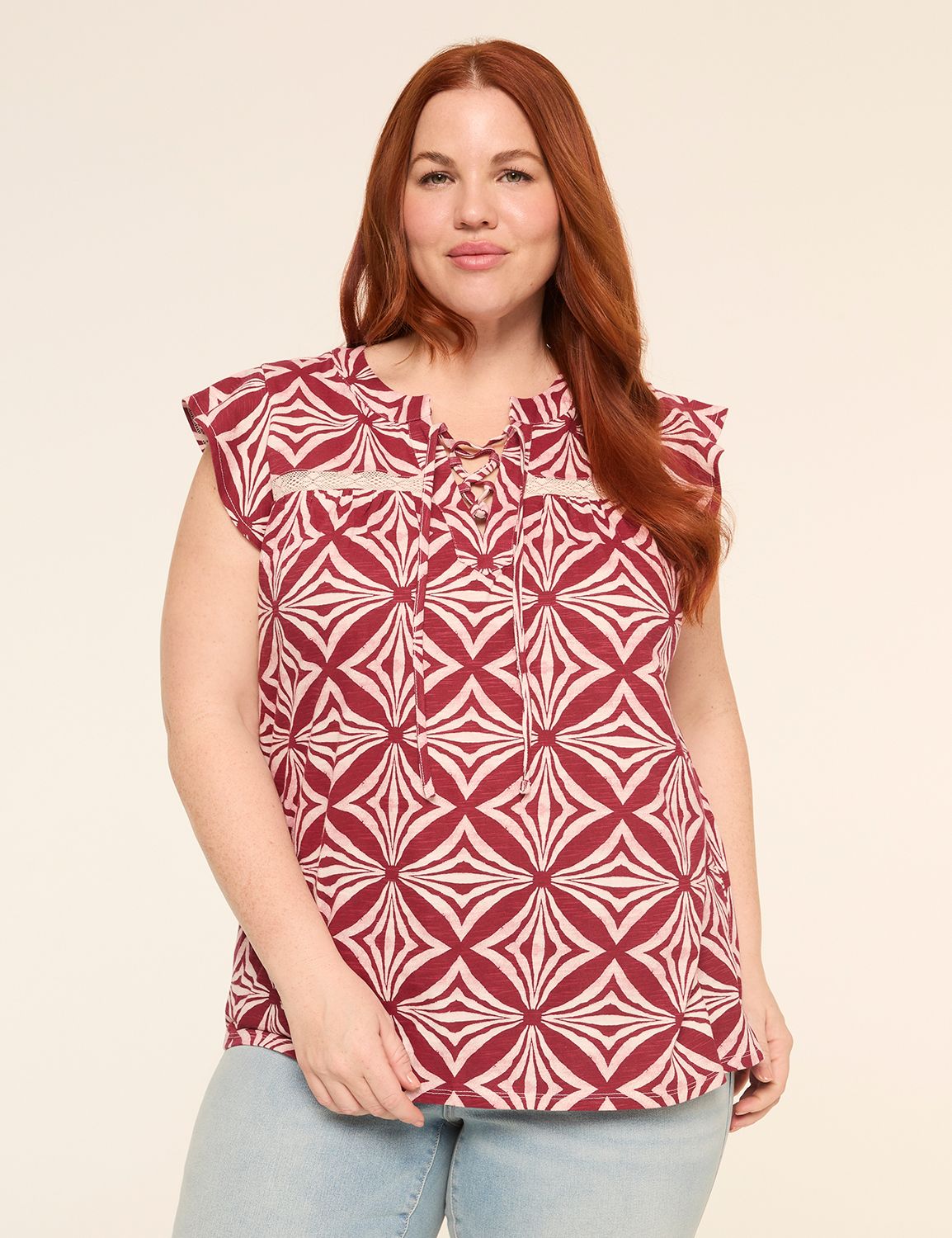 Flutter-Sleeve Lace-Up Eyelet-Yoke Top