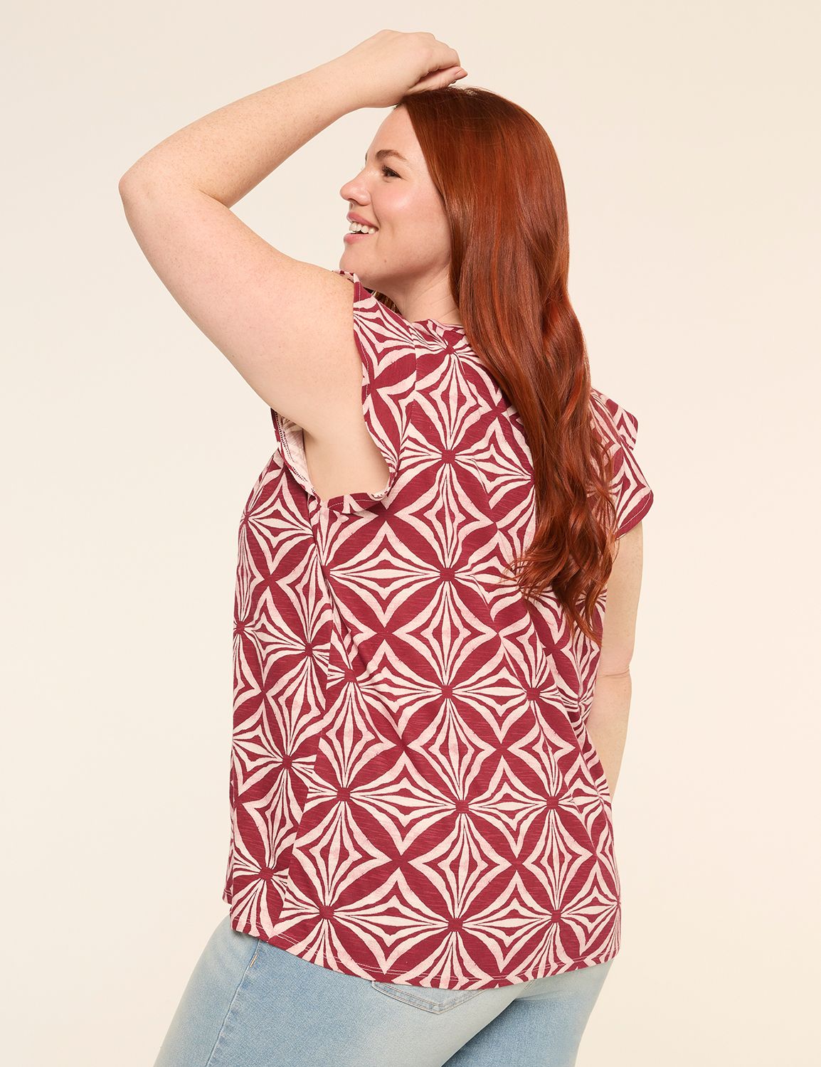Flutter-Sleeve Lace-Up Eyelet-Yoke Top