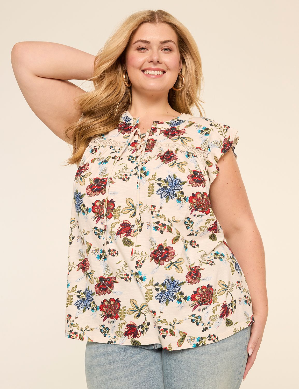 Flutter-Sleeve Lace-Up Eyelet-Yoke Top
