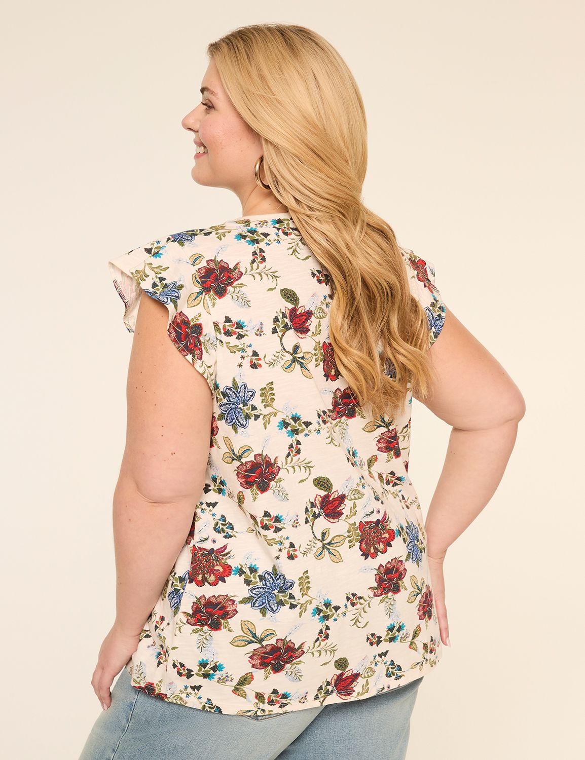 Flutter-Sleeve Lace-Up Eyelet-Yoke Top
