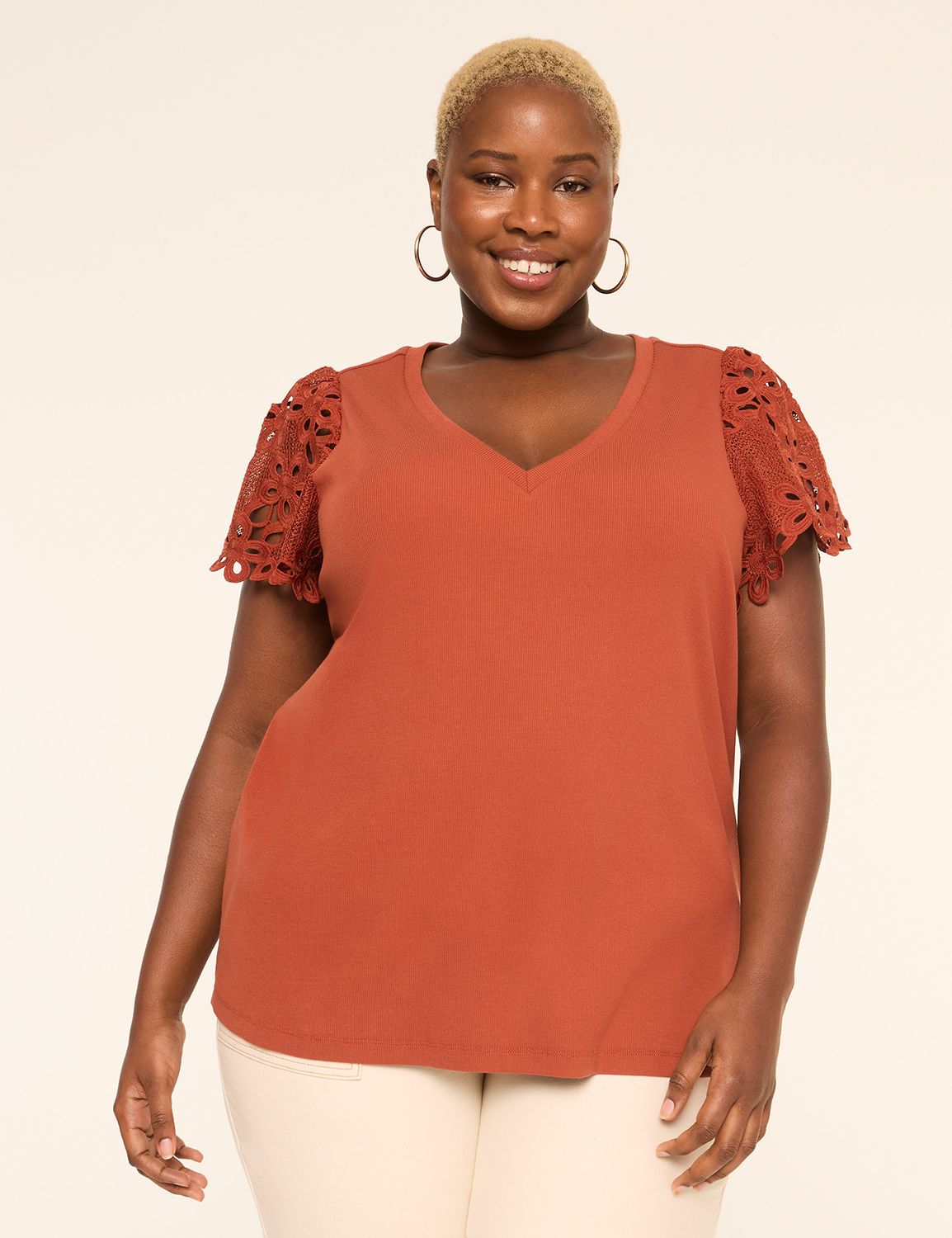Crochet-Sleeve V-Neck Top