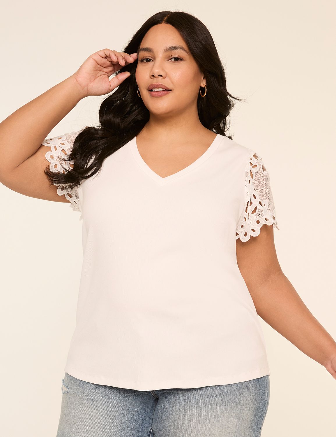 Crochet-Sleeve V-Neck Top