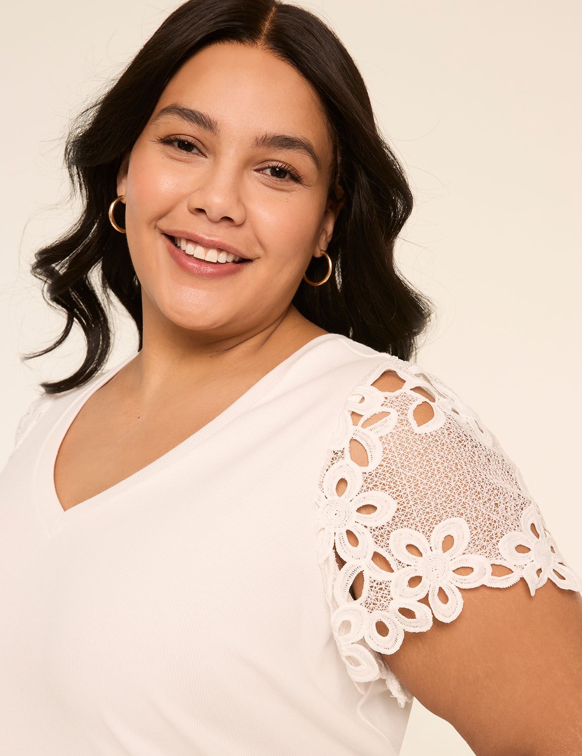 Crochet-Sleeve V-Neck Top