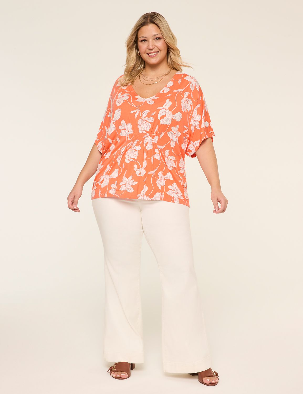 Short Sleeve V Neck Smocked Front D Product Image 3