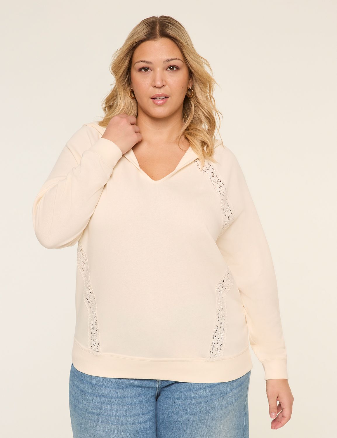 Notch-Neck Crochet-Trim Hoodie