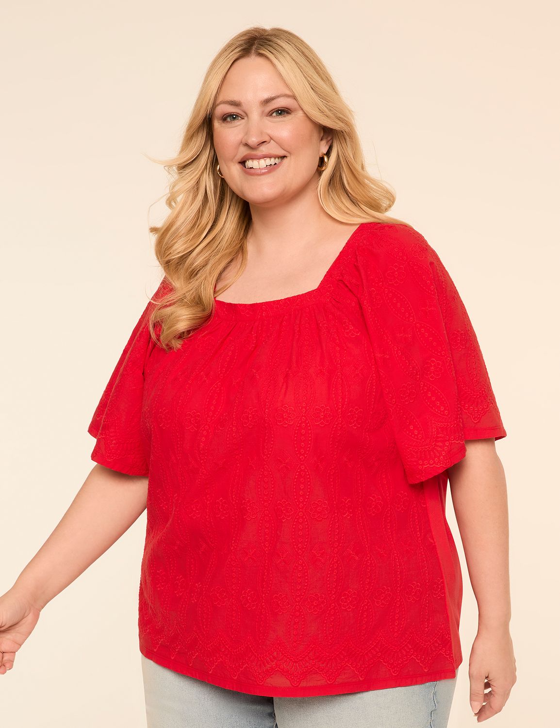 Short-Sleeve Square-Neck Eyelet Top