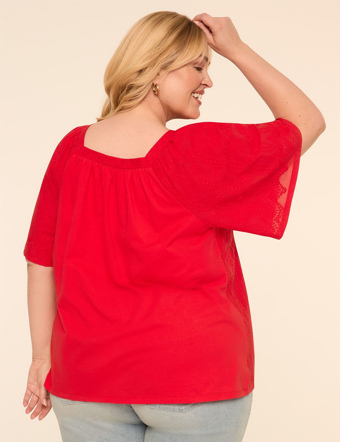 Short-Sleeve Square-Neck Eyelet Top