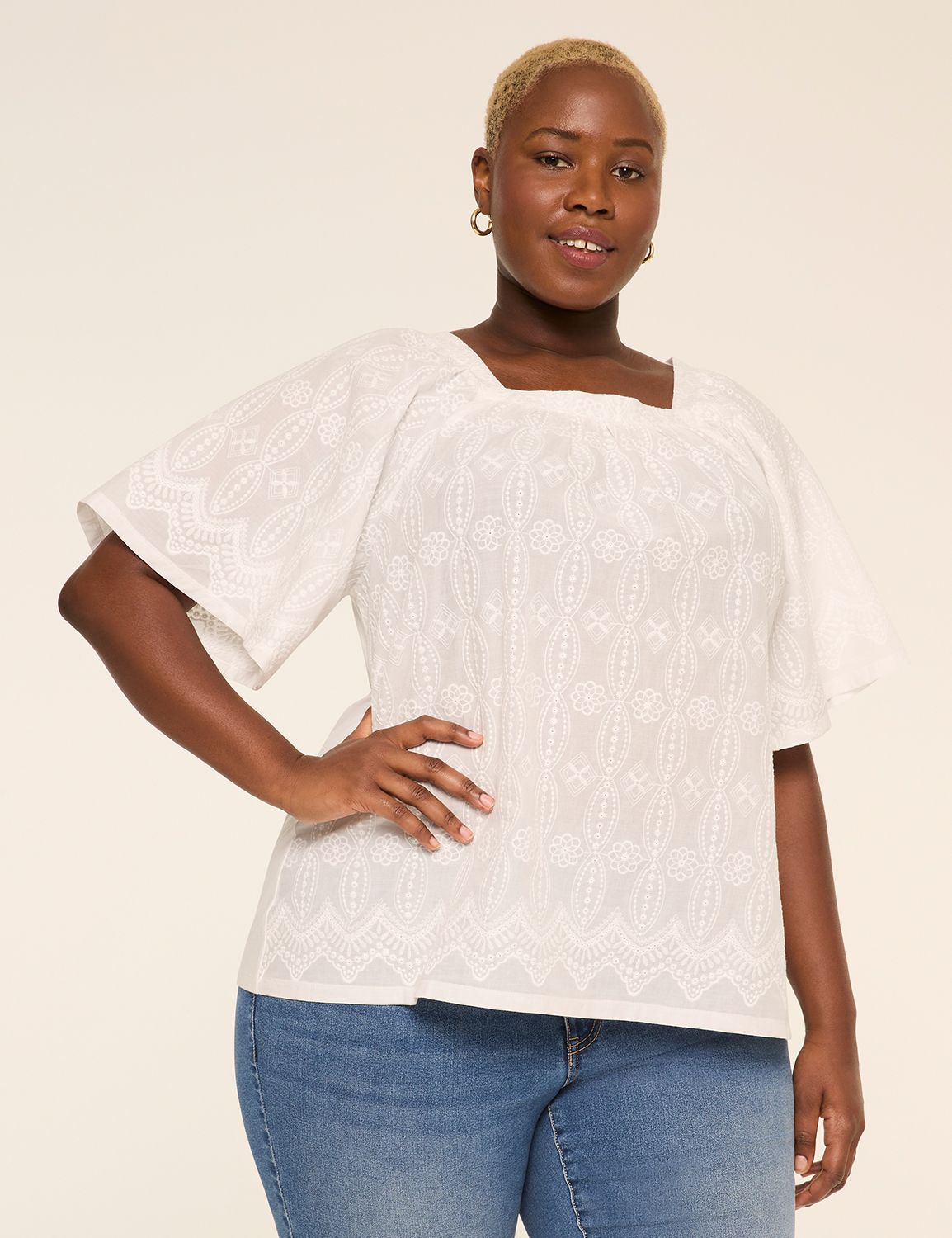 Short-Sleeve Square-Neck Eyelet Top