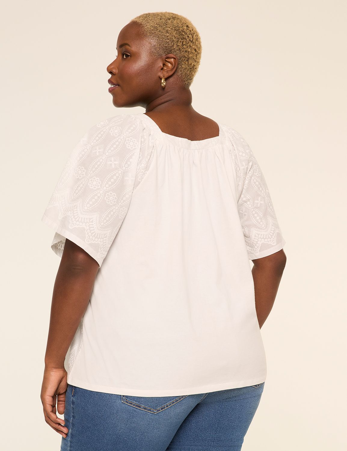 Short-Sleeve Square-Neck Eyelet Top
