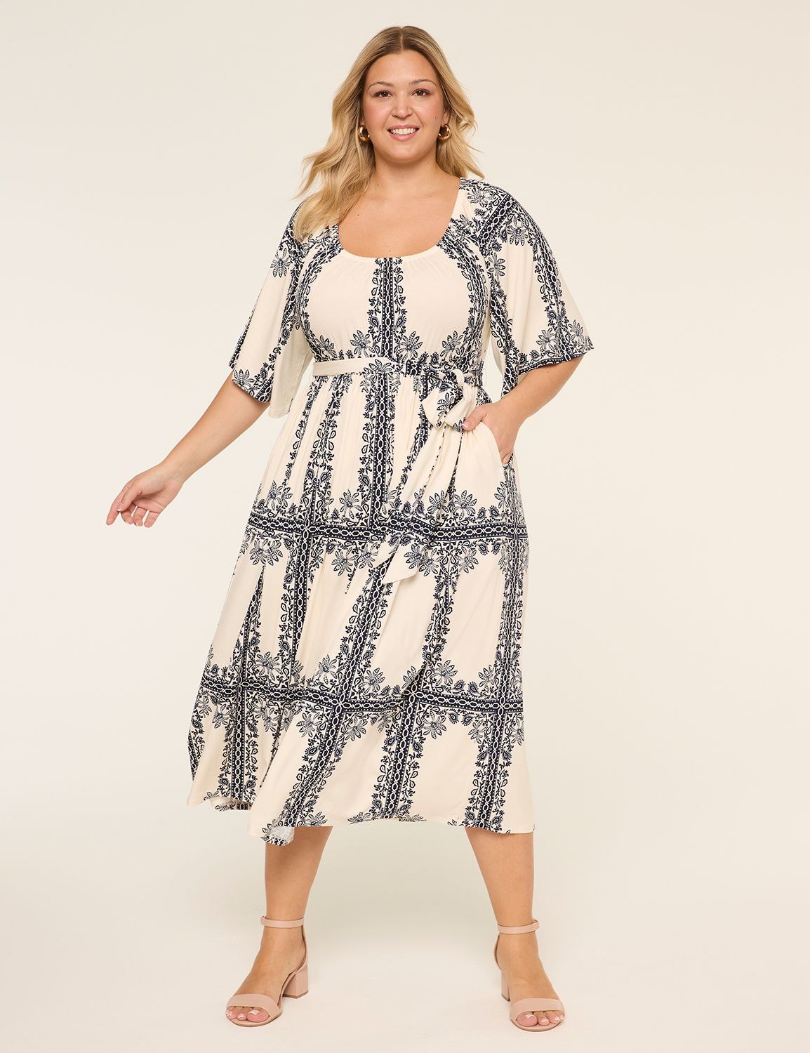Flutter-Sleeve Scoop-Neck Midi Dress