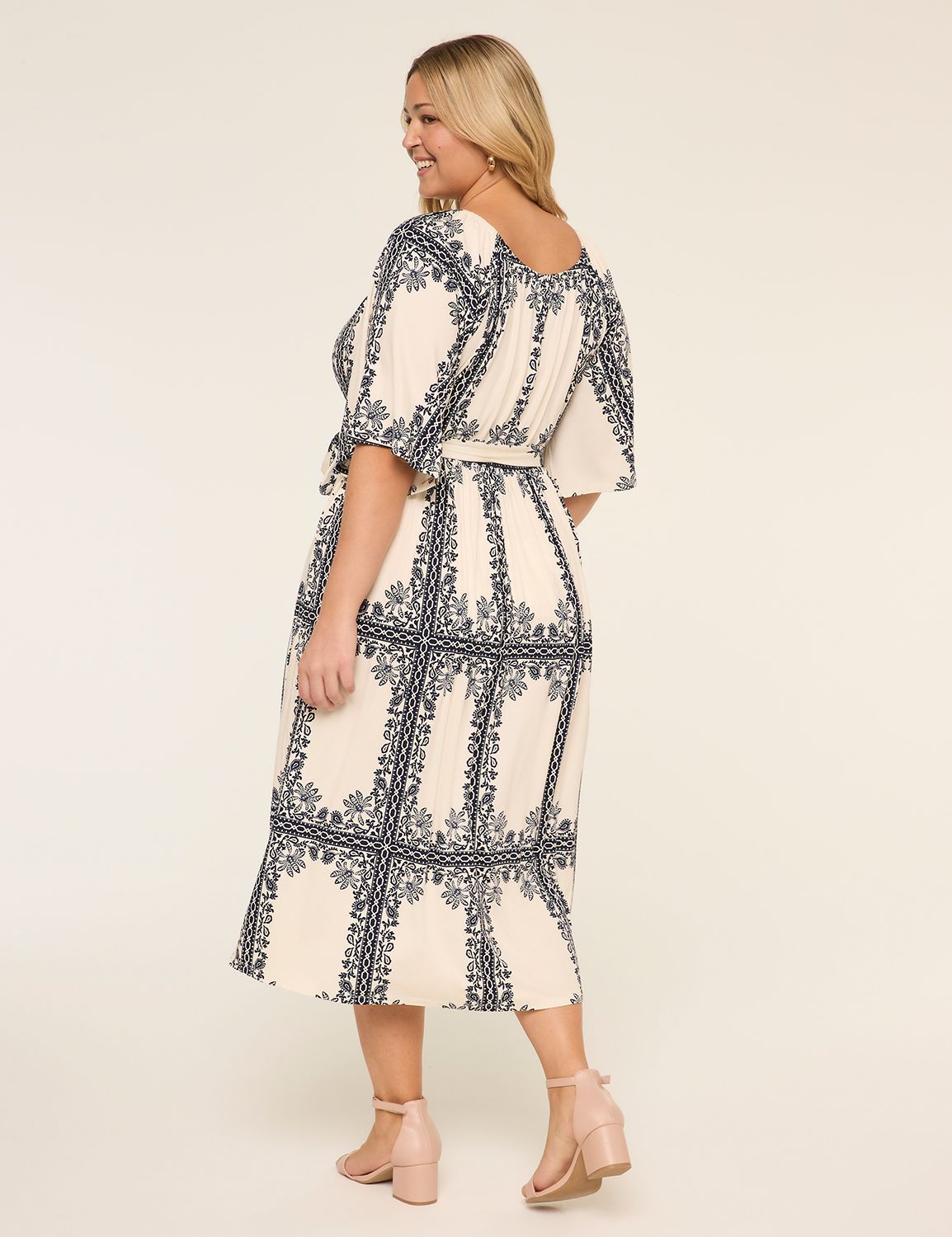 Flutter-Sleeve Scoop-Neck Midi Dress