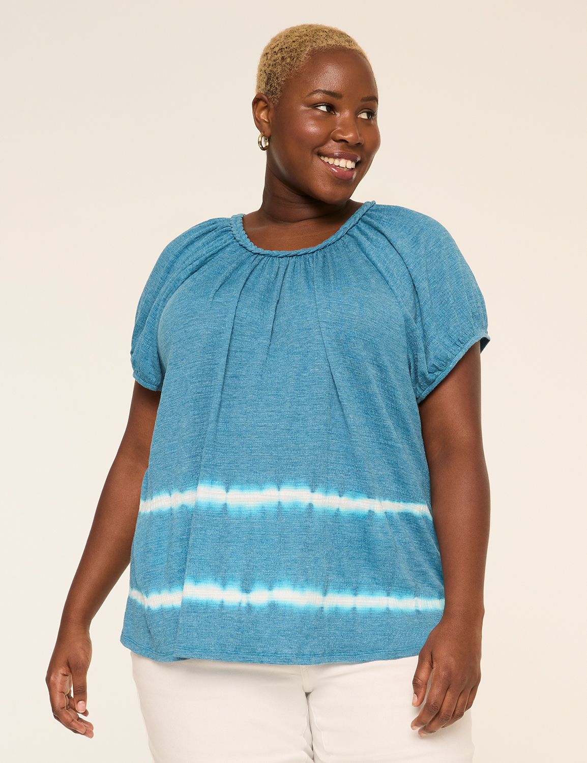 Short-Sleeve Braided-Neck Top