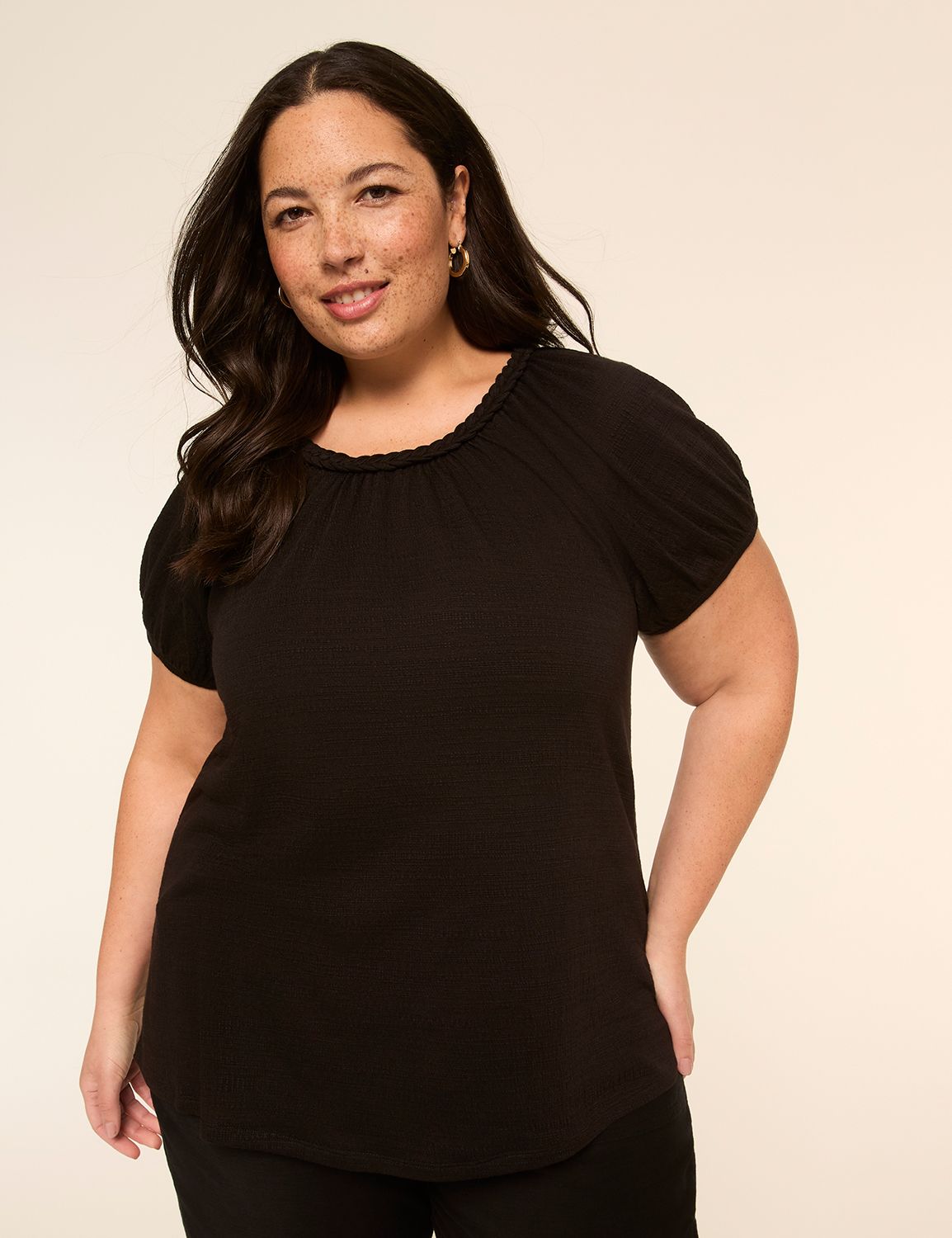 Short-Sleeve Braided-Neck Top
