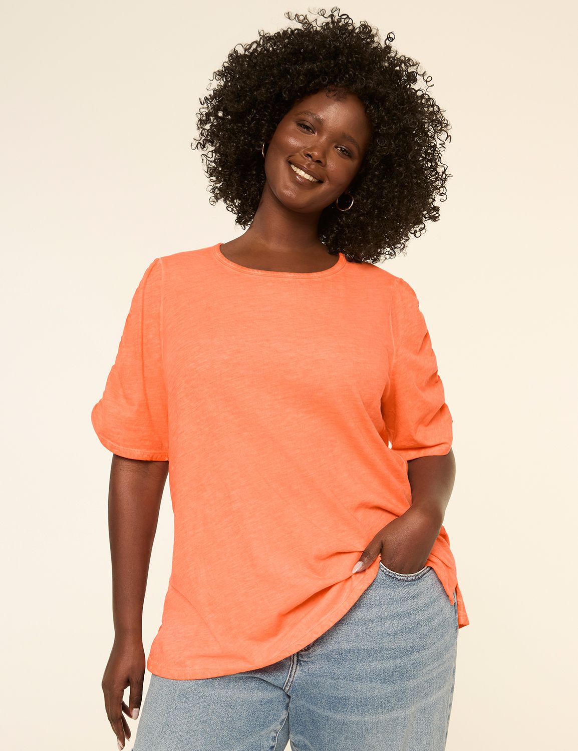 Ruched-Sleeve Crew-Neck Top