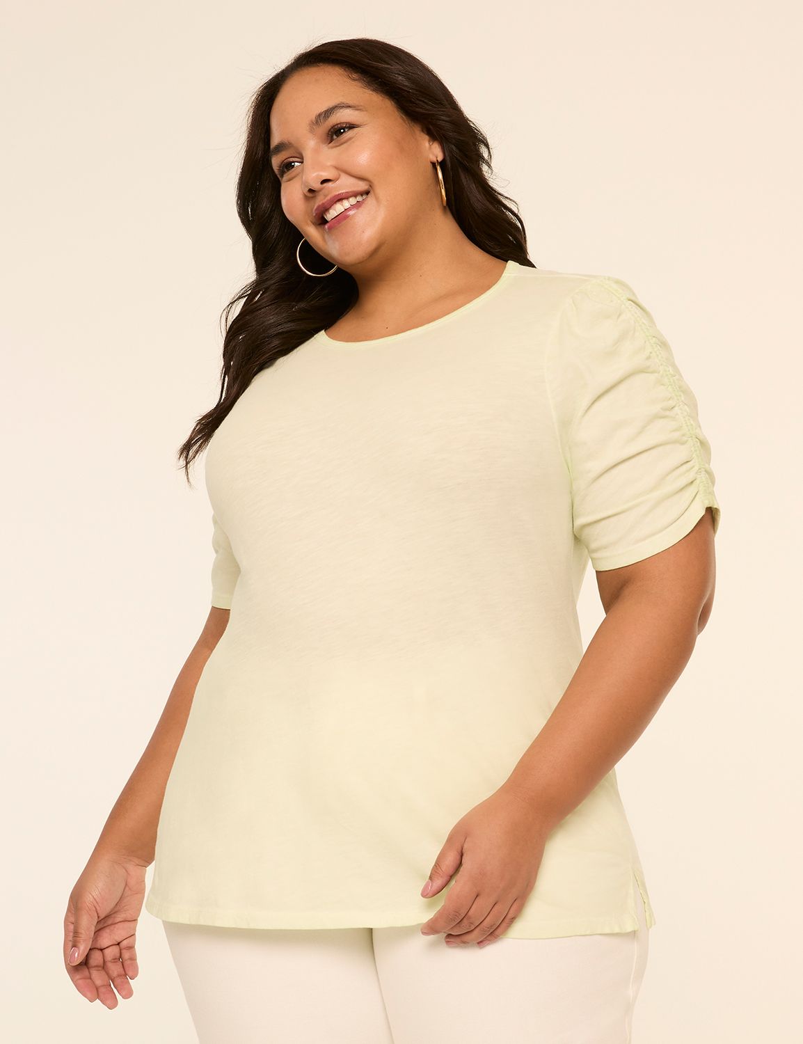 Ruched-Sleeve Crew-Neck Top