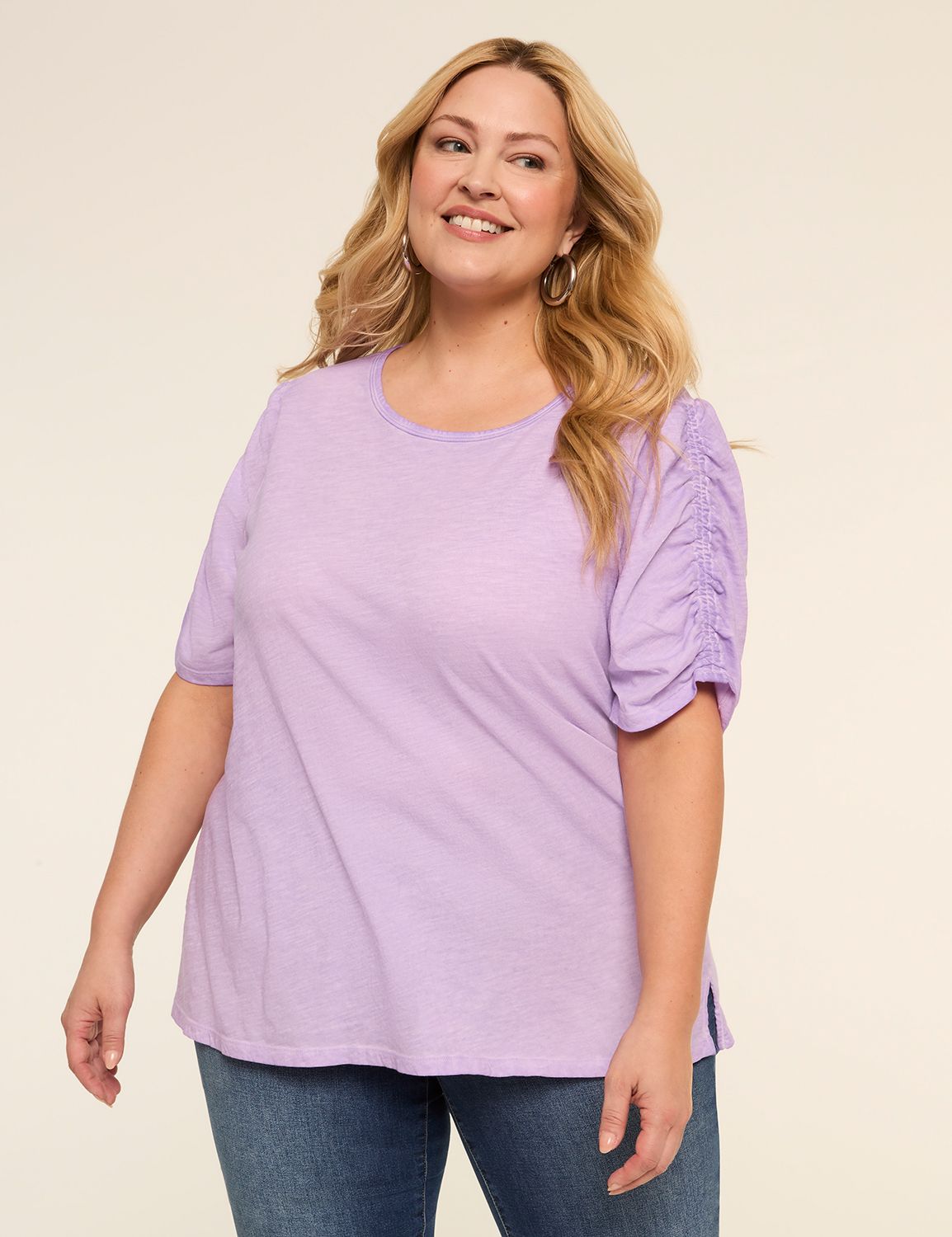 Ruched-Sleeve Crew-Neck Top