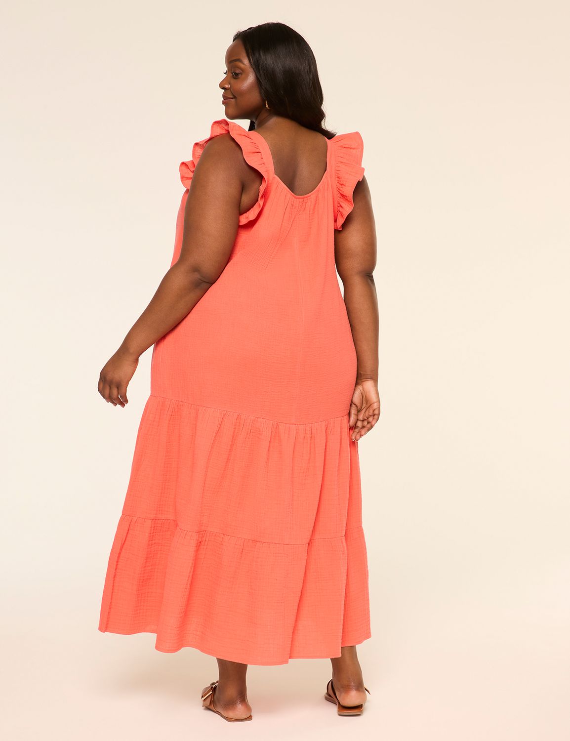 Ruffle-Sleeve Tiered Gauze Maxi Dress