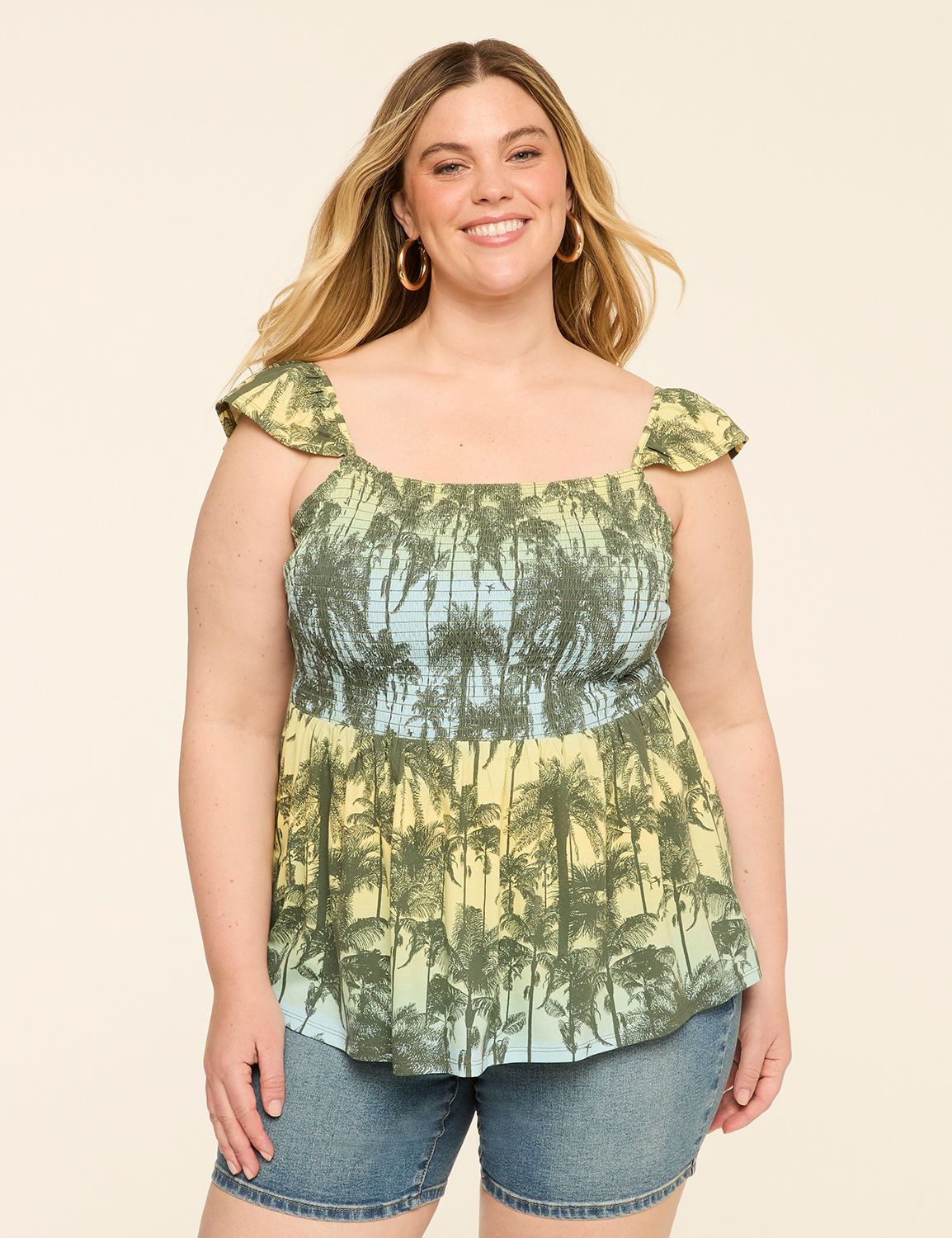 Eyelet-Sleeve Smocked Peplum Top