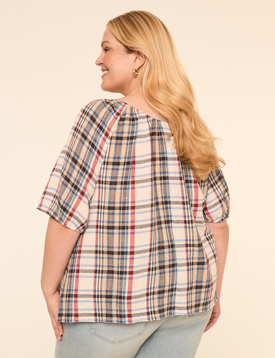 Puff-Sleeve Scoop-Neck Blouse