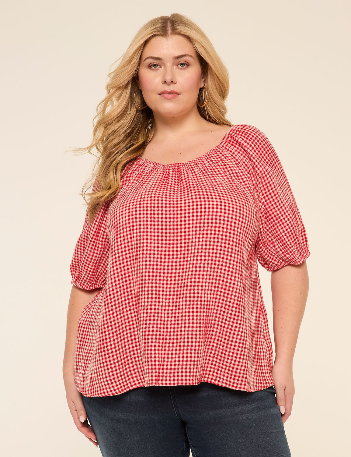 Puff-Sleeve Scoop-Neck Blouse