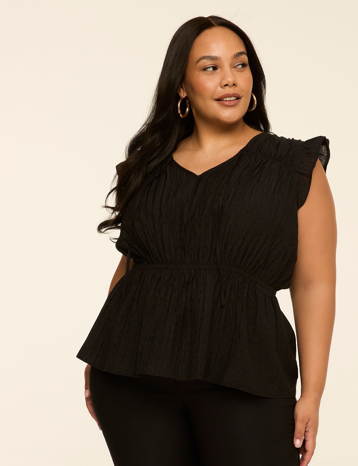 Ruffle-Sleeve Tie-Neck Peplum Top