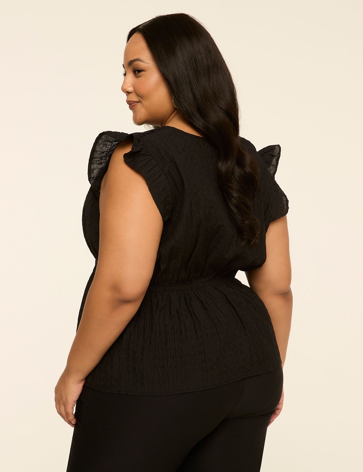 Ruffle-Sleeve Tie-Neck Peplum Top