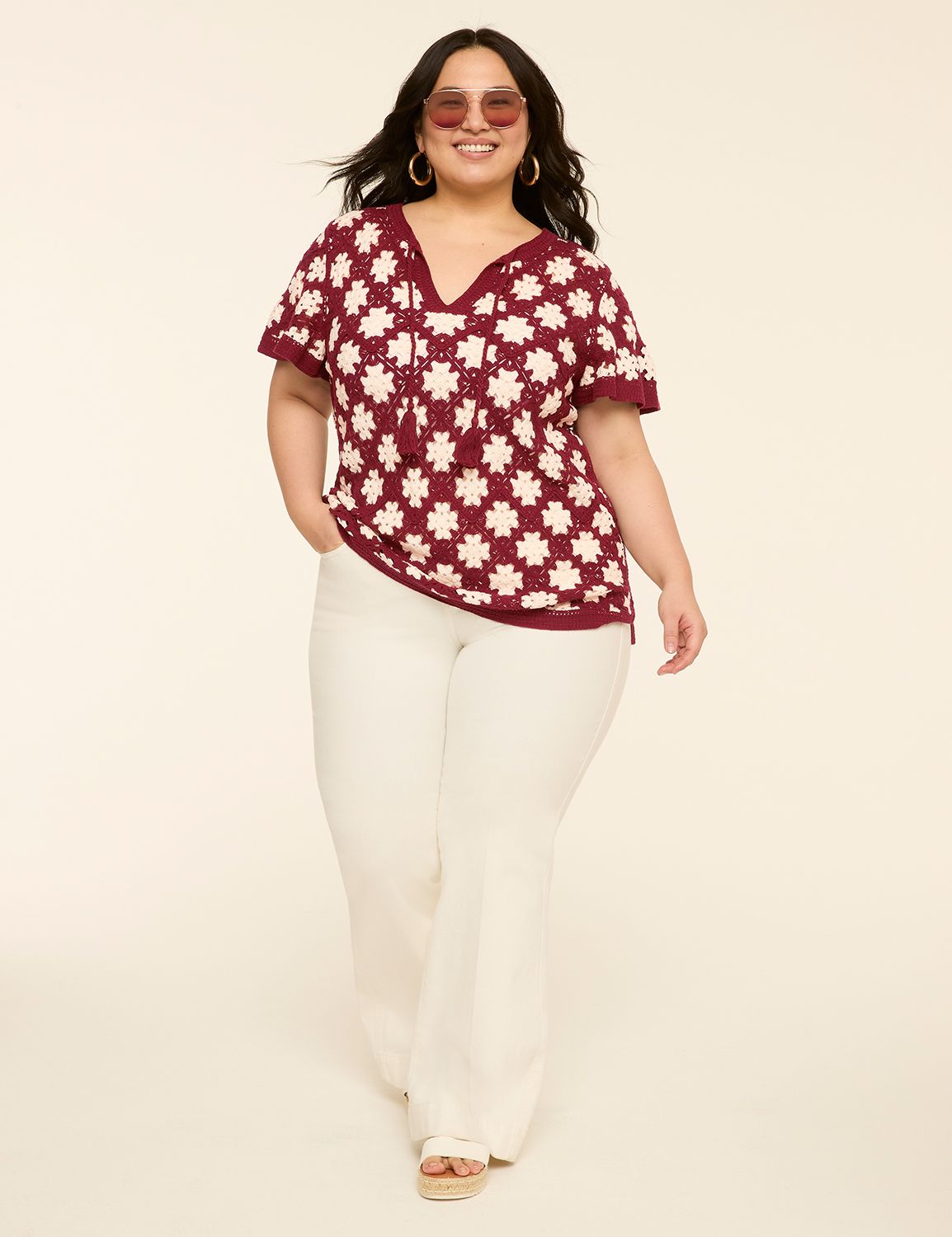 Short Flutter Sleeve Notch Neck Swe Product Image 3