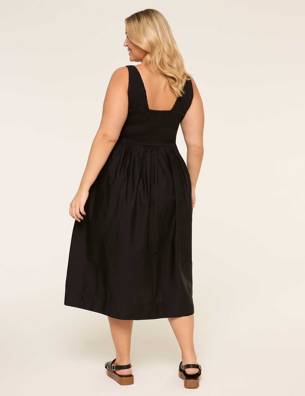V-Neck Smocked-Bodice Midi Dress