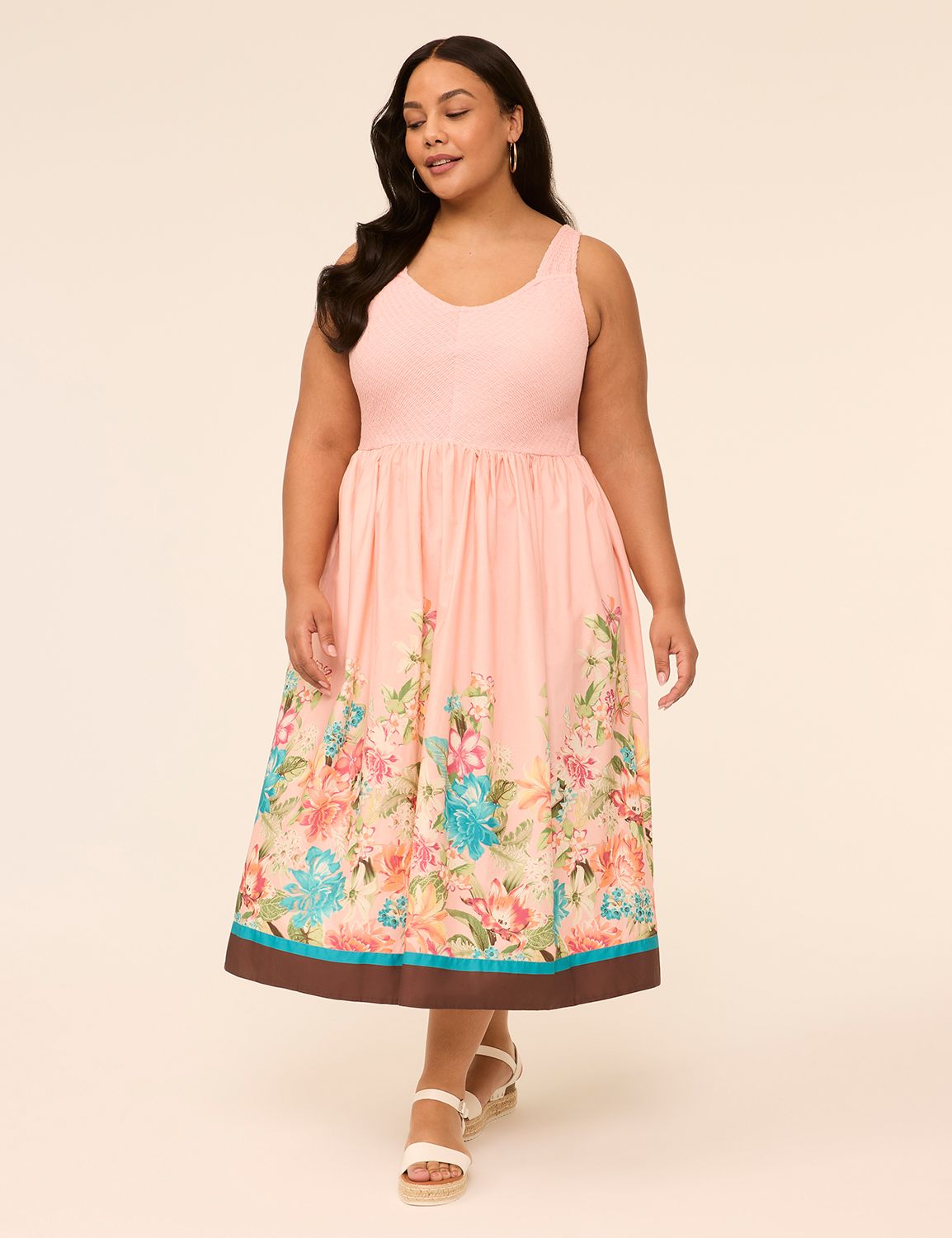 V-Neck Smocked-Bodice Midi Dress