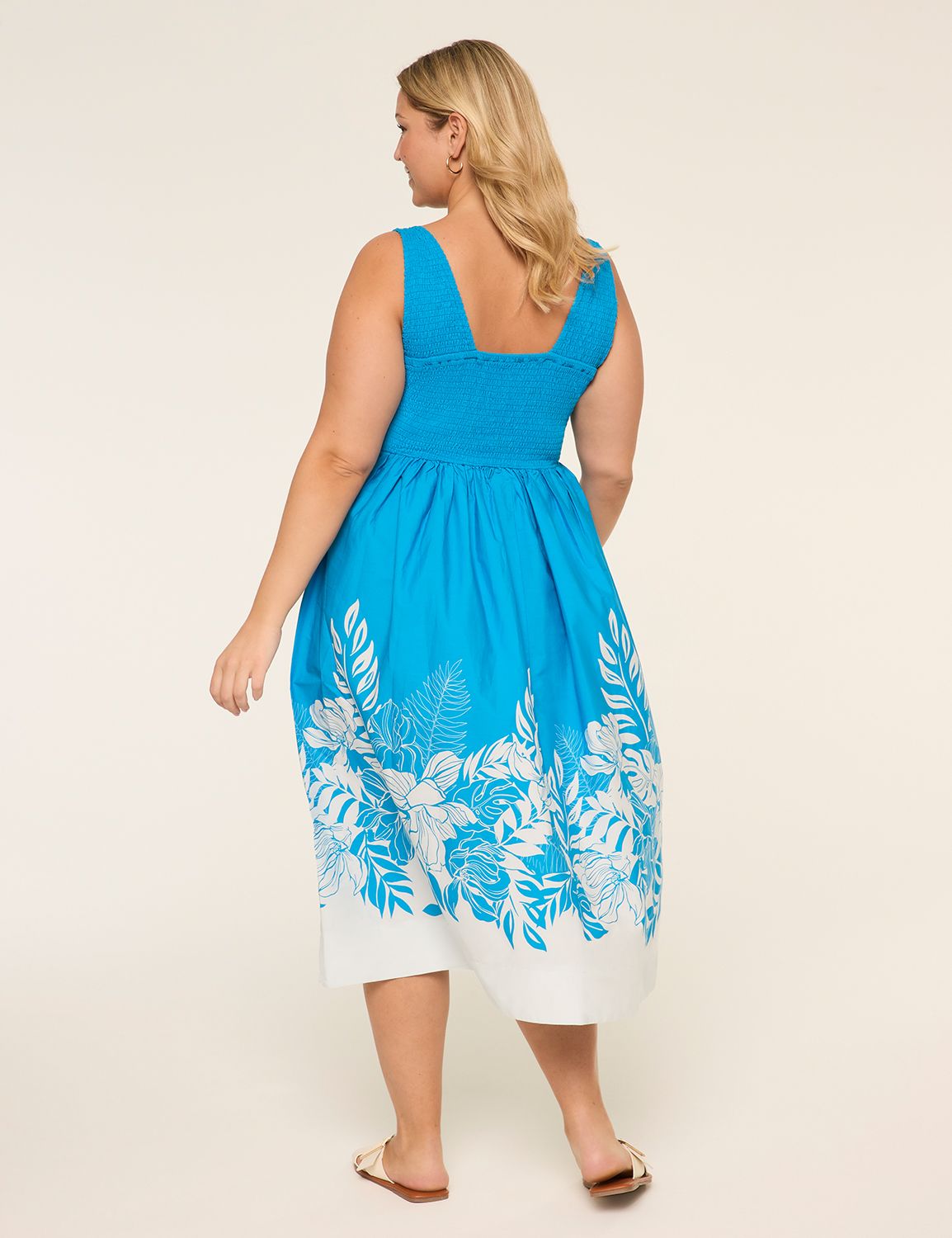 V-Neck Smocked-Bodice Midi Dress