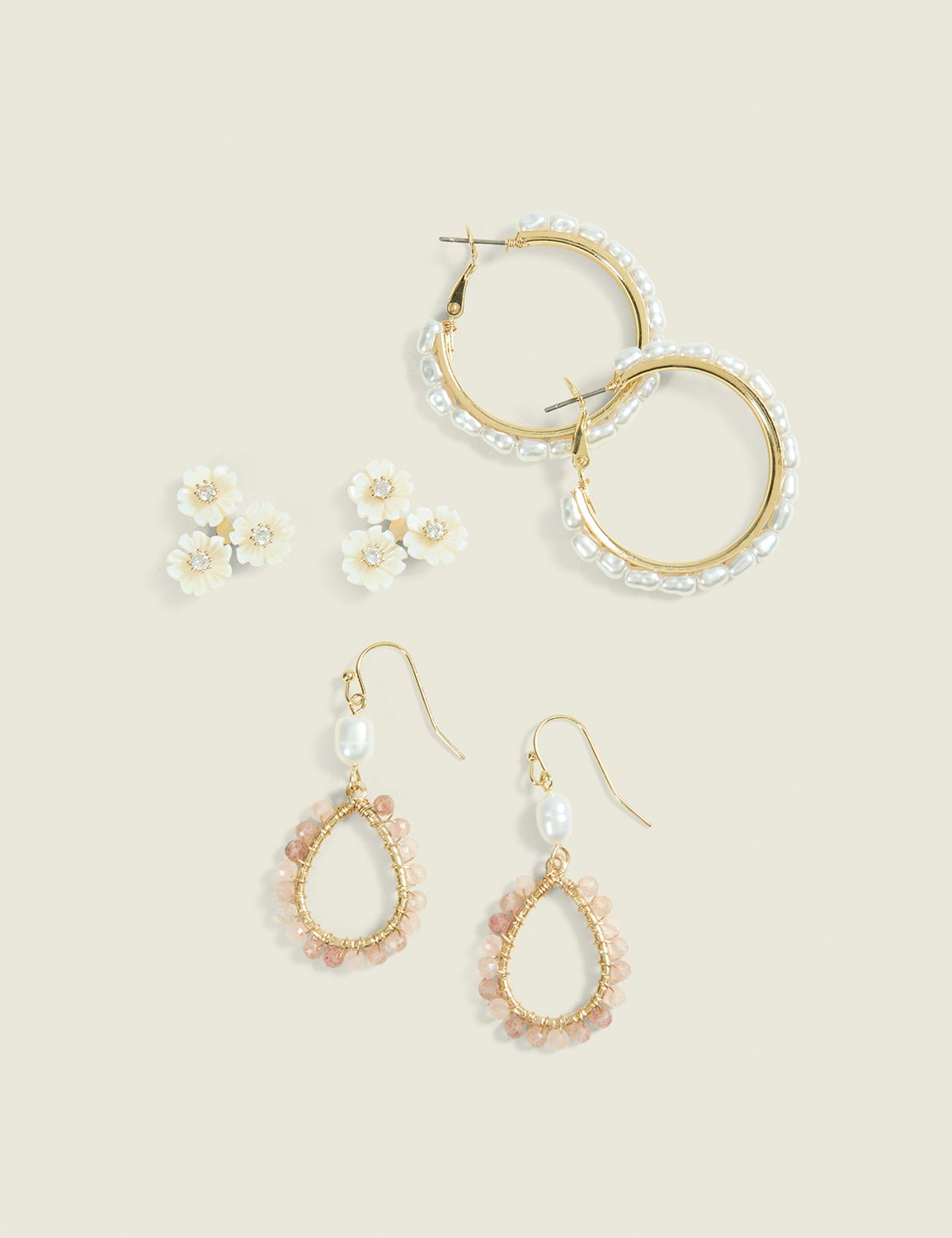 White Floral & Hoop Earrings 3-Pack