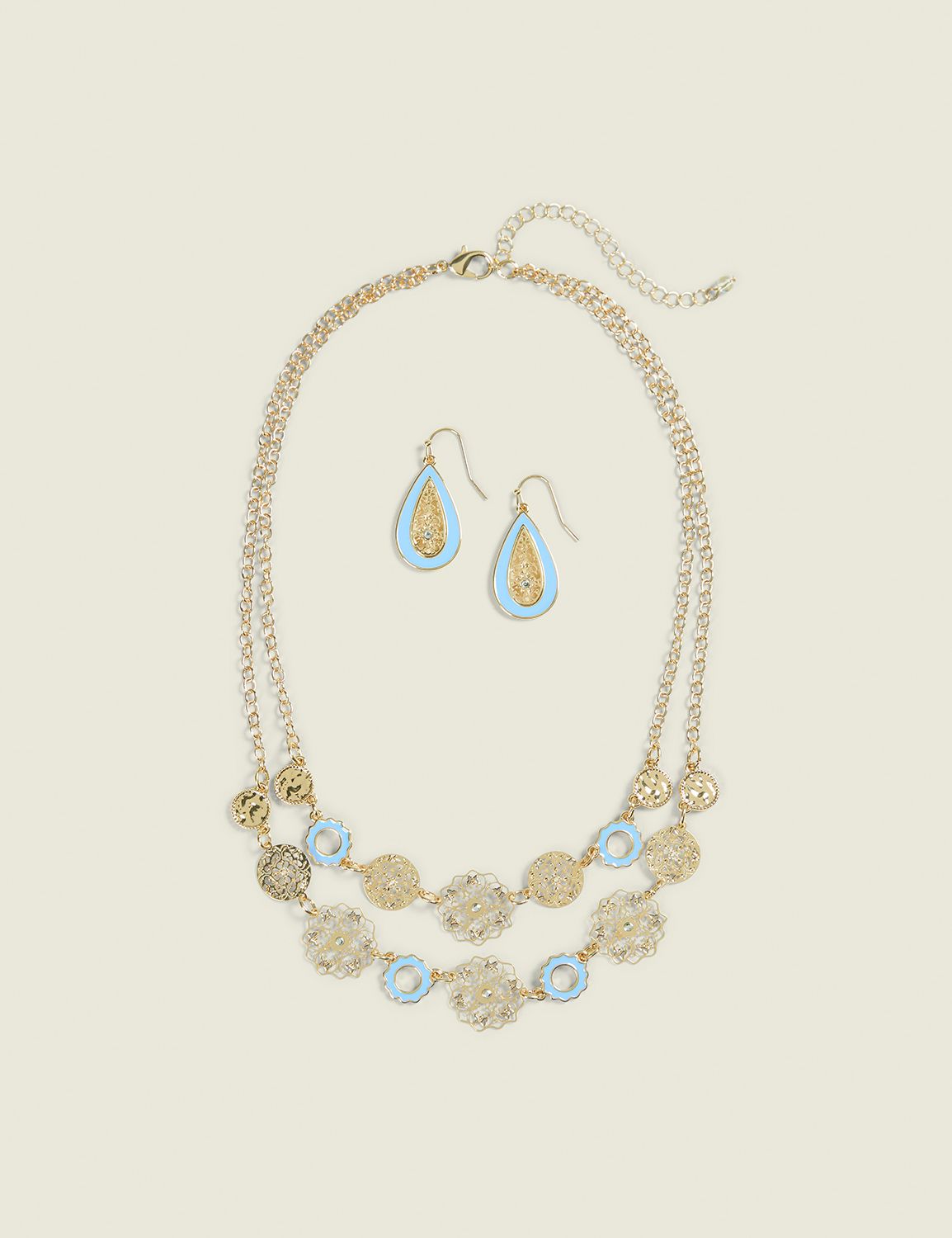 Light Blue Filigree Necklace & Earring Set