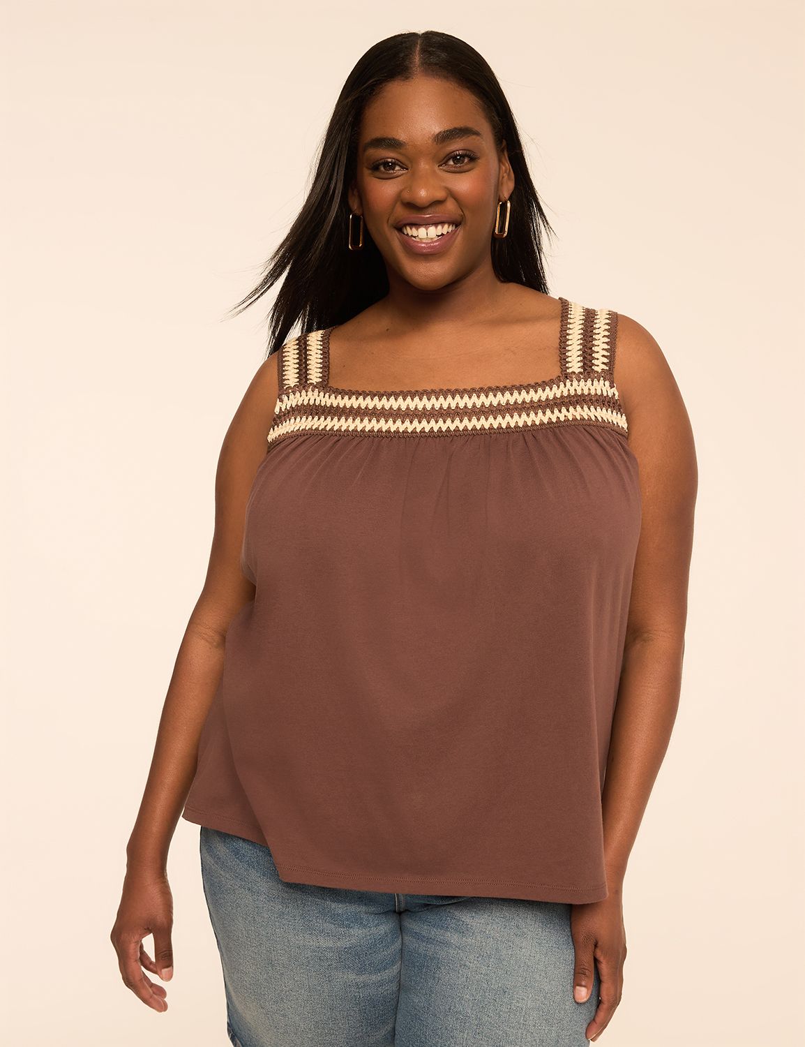 Square-Neck Crochet-Trim Tank