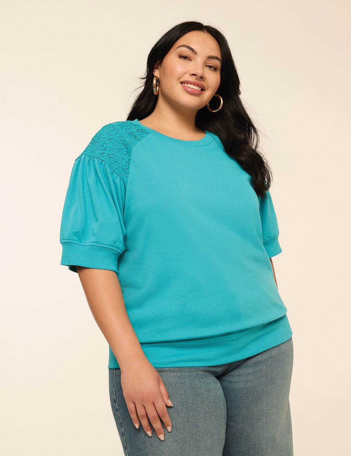 Short Sleeve Crew Neck Raglan Croch Product Image 1