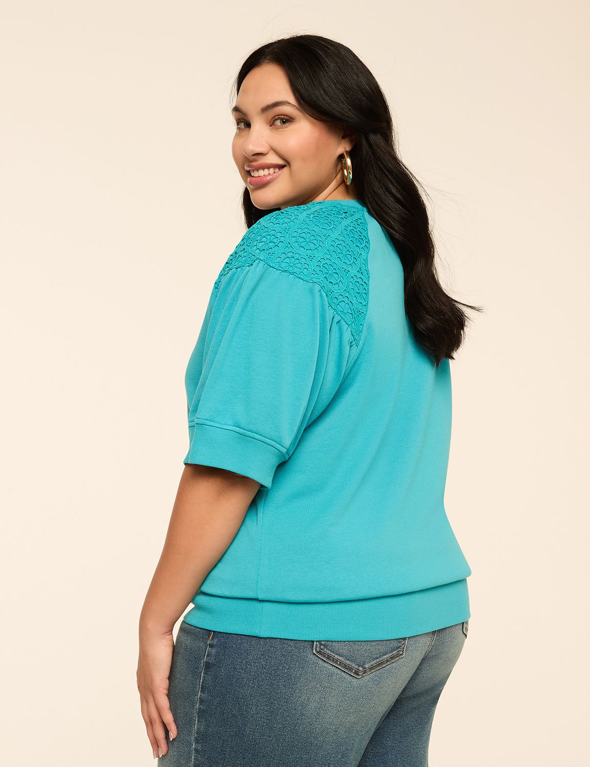 Short Sleeve Crew Neck Raglan Croch Product Image 2