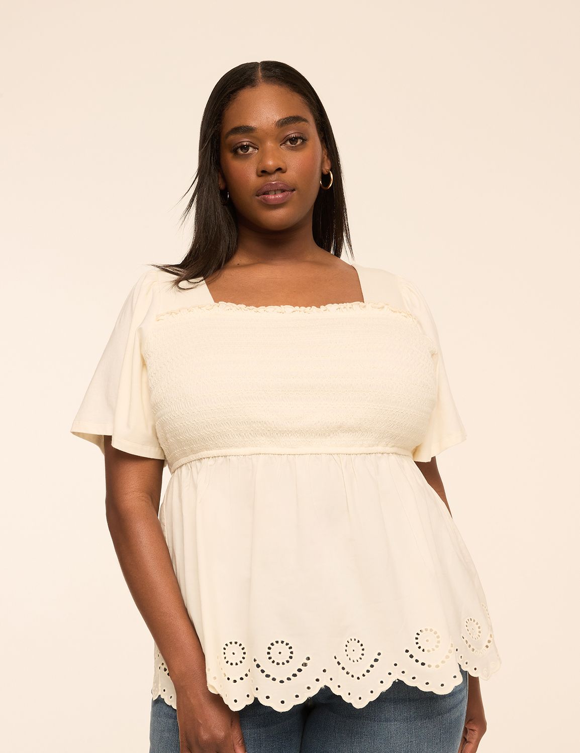 Smocked-Bodice Eyelet-Hem Peplum Top