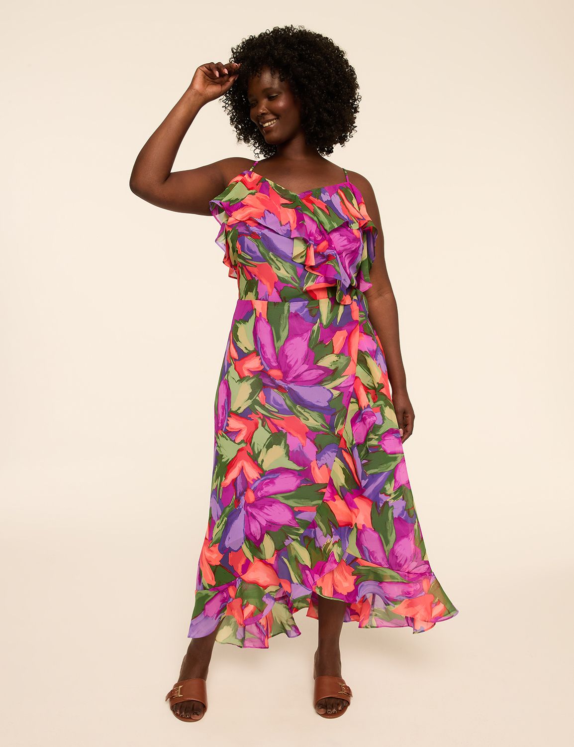 Cold-Shoulder Ruffle Faux-Wrap Maxi Dress