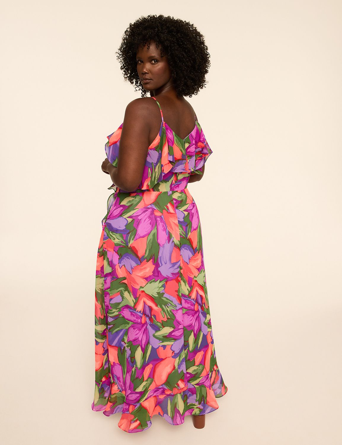 Cold-Shoulder Ruffle Faux-Wrap Maxi Dress