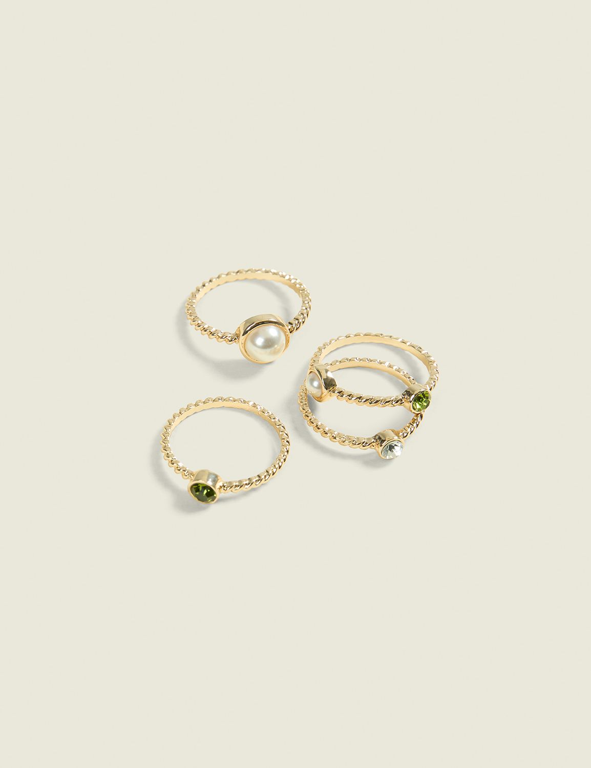 Green & Pearlized Textured Ring Stack